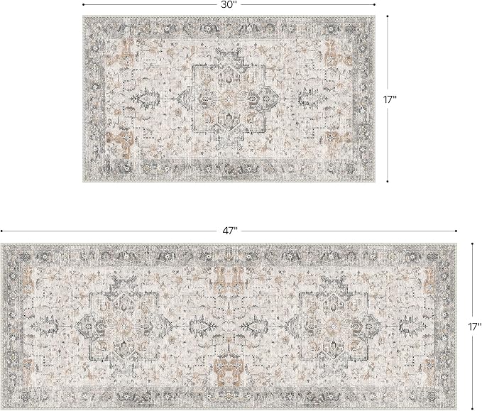 GENIMO Runner Rug 2PCs, Machine Washable Non Slip Vintage Hallway Runner Rug 17.3"x47"+17.3"x30", Low Pile Lightweight Rugs for Indoor Entryway, Hallway, Kitchen and Corridor, Light Taupe Brown