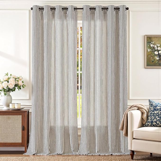 jinchan Linen Curtains 108 inch Black Stripe on Beige Grommet 2 Panels | Curtains for Living Room Bedroom,Ticking Stripe Pattern,Pinstripe Farmhouse Rustic,Window Treatment,Light Filtering