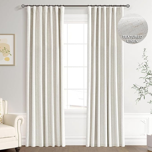 Joywell 100% Blackout Linen Curtains 94 Inches for Bedroom 2 Panel Set Natural Black Out Curtain Back Tab Hook Belt Room Darkening Drapes for Dining Room Window Modern Cream Ivory 52 x 94