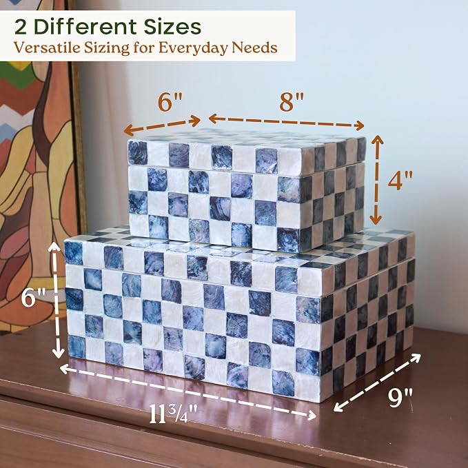 Chi An Home 12", 8" Capiz Inlaid Boxes with Lids, Navy Blue Capiz Shells Checkered Decorative Storage Boxes for Home Décor, Memory Box Keepsake Box for Photos, Letters, Accessories, Set of 2
