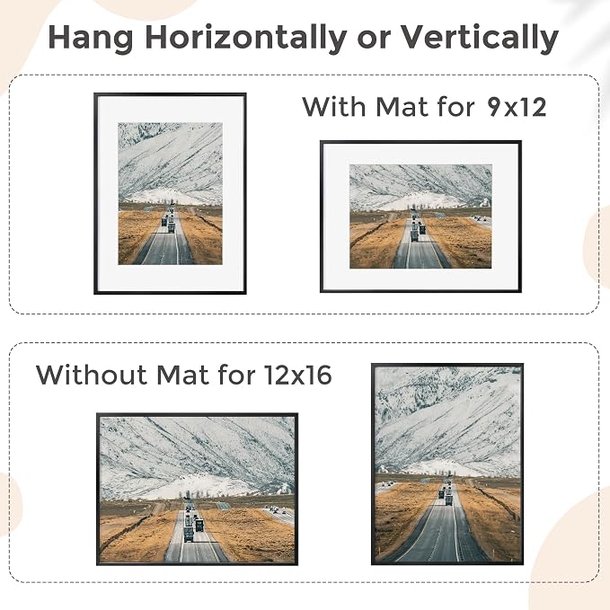 FLYJOE 12x16 Metal Picture Frame For Wall With Mat For 9x12, 12''x16'' Aluminum Certificate Document Frames With Tempered Glass, Minimalist Modern Poster Frame Horizontally And Vertically, Black