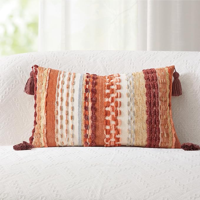 Kevin Textile 14x24 Inch Lumbar Throw Pillow Cover 1 Pack Fall Boho Decorative Soft Chenille Thread Woven Tufted Textured Rectangle Cushion Case for Living Room Couch Sofa Bed, Burnt Orange