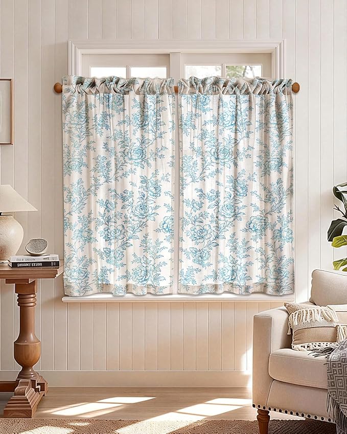 Miss Adola Farmhouse Kitchen Tier Curtains - 45 Inch Length Linen Blend Cafe Curtains Blue Floral Small Window Treatments Over Sink Rod Pocket for Bathroom Living Room Light Filtering, 2 Panels