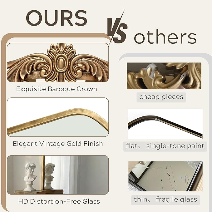 PERFNIQUE Vintage Mirror, 35" X 24" Arched Antique Baroque Wall Mirror, Gold Traditional Wall Decor, Ornate Decor Anthro Look Alike Furniture for Bathroom Living Room Fireplace Entryway Hallway