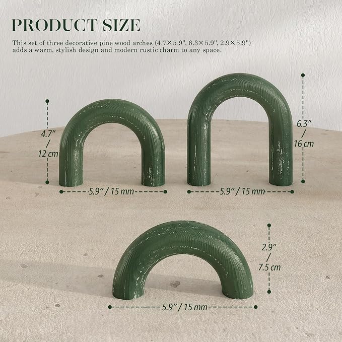 EOSAHR Pine Wooden Arch Decor Set for Green Boho Decor - Decorative Objects for Coffee Table, Side & Bookshelf - Minimalist Wood Sculpture for Table Decoration (Green)