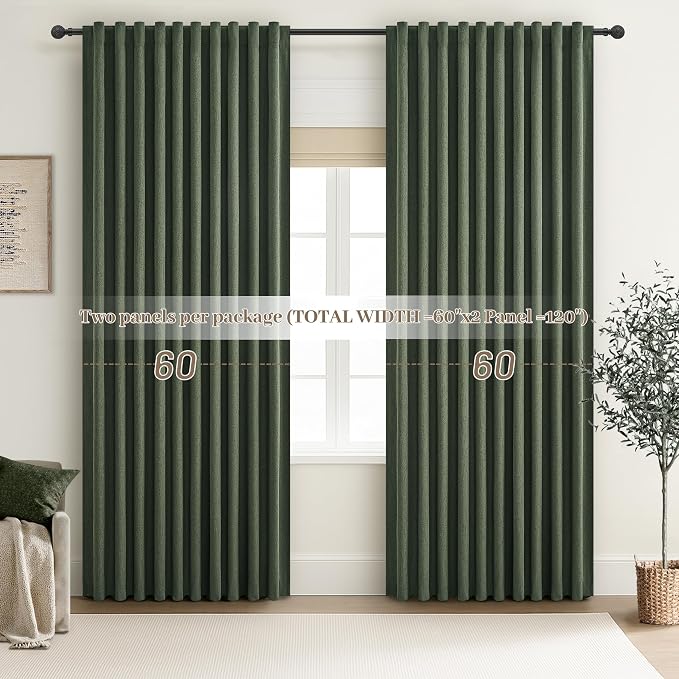 Dark Olive Green Curtains 60 Inch Length Extra Wide Pleated Black Out 90 Inch Long for Living Room, Linen Thick Sliding Glass Door Heavy Duty Insulated Large Window Drapes (60"Wx90"Lx 2Panels Loden)
