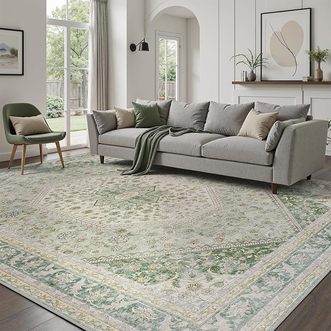 DCX Green 5x7 Area Rug, Machine Washable Non Slip Stain Resistant Vintage Rug for Living Room, Bedroom, Playroom, Soft Low Pile Large Nursery Carpet