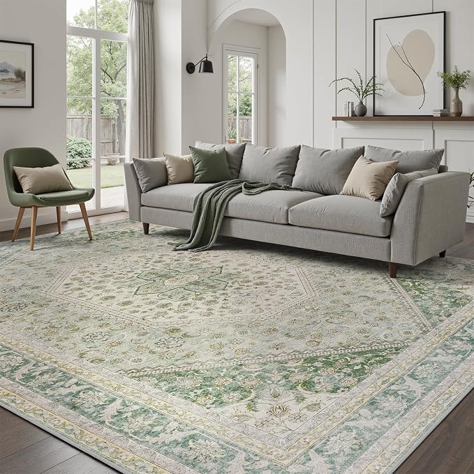 DCX Green 6x9 Area Rug, Machine Washable Non Slip Stain Resistant Vintage Rug for Living Room, Bedroom, Playroom, Soft Low Pile Large Nursery Carpet
