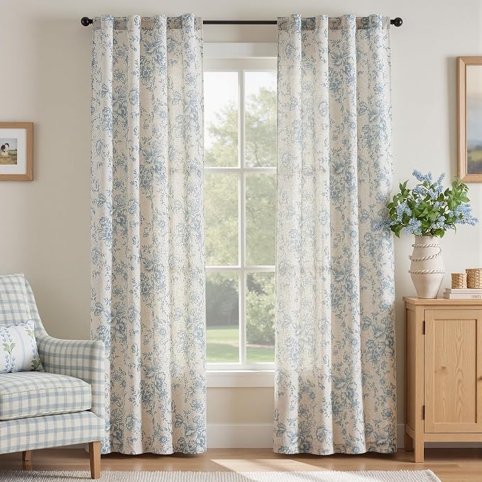 jinchan Linen Floral Curtains 84 Inch Length for Living Room Bedroom Light Filtering Farmhouse Peony Flower Drapes Rustic Window Curtain Set Rod Pocket Back Tab 2 Panels Blue