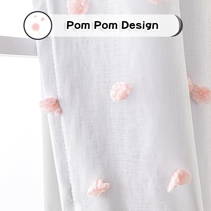 MYSKY HOME 100% Blackout Curtains for Girls Bedroom 95 Inch Long Total Room Darkening Curtain for Living Room 2 Panels Back Tab Light Blocking Sliding Door Drapes with Pink Pom Pom Sheer 52 x 95 Inch