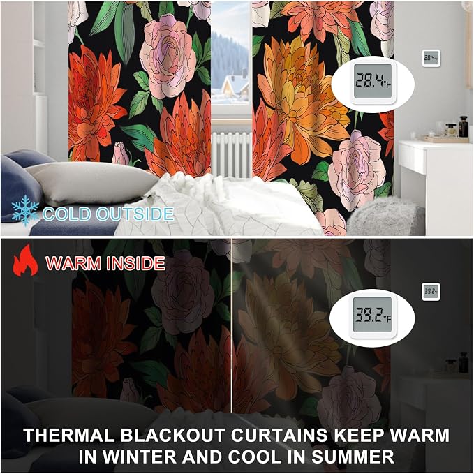 Boho Blackout Curtains 84 Inches Long 2 Panels Set with Curtain Tiebacks, Spring Thermal Insulated Soundproof Grommet Darkening Drapes, Vintage Floral Pattern Blackout Curtains for Bedroom Living Room