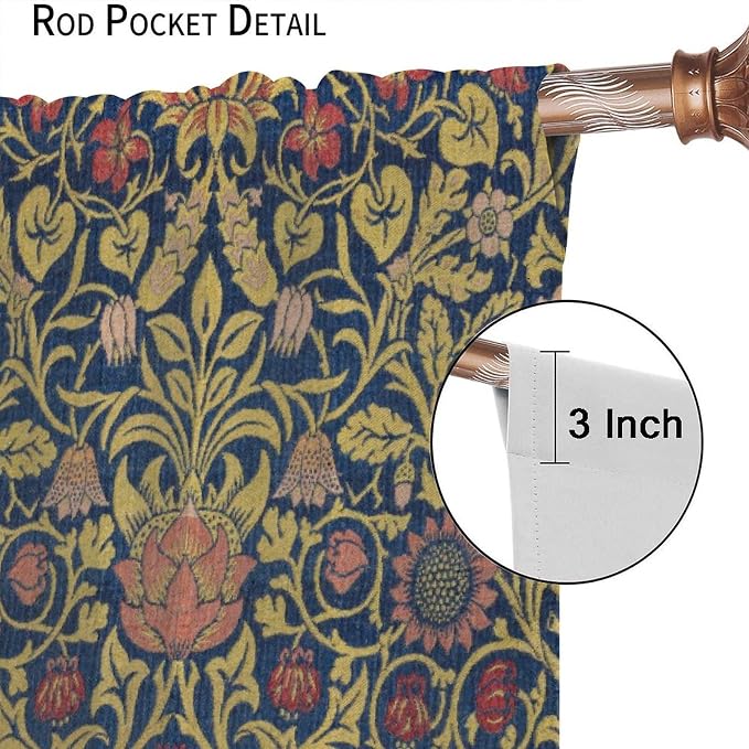 Retro Bohemian William Morris Plant Floral Blackout Window Curtains, Abstract Vintage Country Floral Leaf Pattern Print Window Drapes, for Bedroom Living Room 72x63in