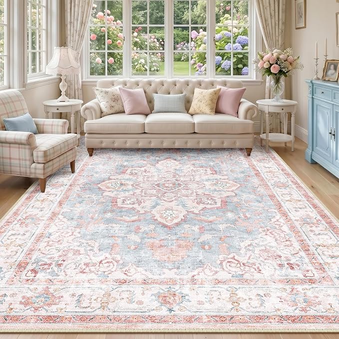 CAPALOCA Machine Washable Rugs Nursery Rug 7x9 Cute Girl Non Slip Low Pile Water Repellent Soft Print Pattern for Bedroom Indoor Decor Kids Playroom Pink Blue