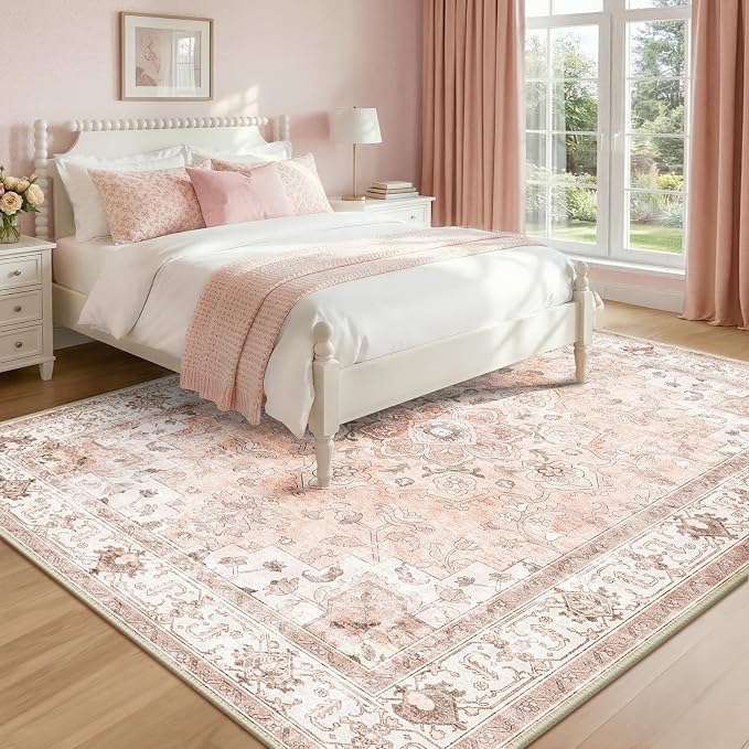 CAPALOCA Machine Washable Rugs Nursery Rug 6x9 Cute Girl Non Slip Low Pile Water Repellent Soft Print Pattern for Bedroom Indoor Decor Kids Playroom Pink