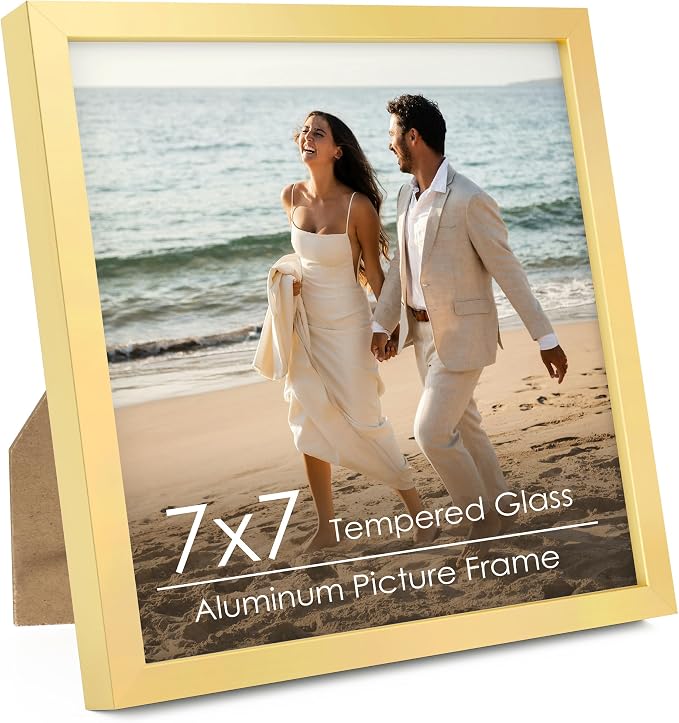 FLYJOE 7x7 Metal Picture Frame - Gold Aluminum Square Frames with Real Glass, Wall Mounting Horizontally or Vertically, Simple and Elegant Decor for Wall Gallery Poster Photo Frames, Gold