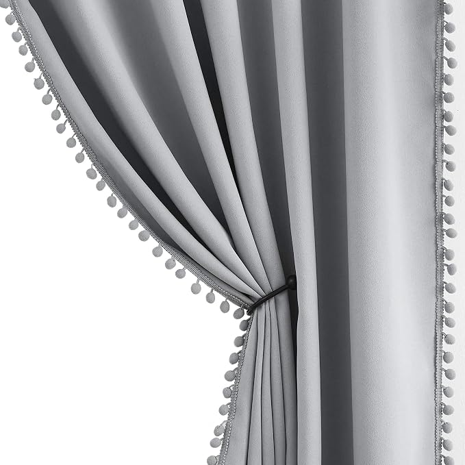 Treatmentex Grey Pompom Curtains for Bedroom Living Room 95 inch Triple Weave Half Blackout Window Curtains for Hotel Men's Guest Room Drapes 52" w x2 Panels Rod Pocket