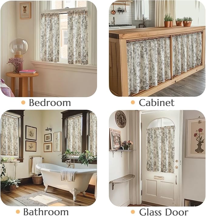 jinchan Floral Linen Tier Curtains 45 Inch Farmhouse Botanic Cafe Drapes for Small Windows Rustic Half Window Curtains for Kitchen Living Room Bathroom Laundry 2 Panels Black on Beige