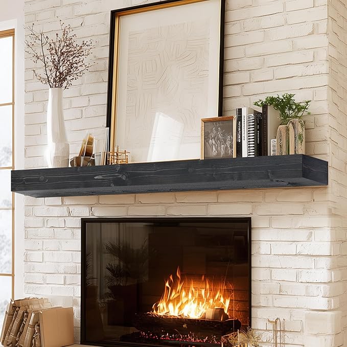 56x8x3 Fireplace Mantel - Handcrafted Hollow Rustic Solid Wood Wall Mounted Floating Shelf with Invisible Heavy Duty Wood Bracket (Weathered Black)