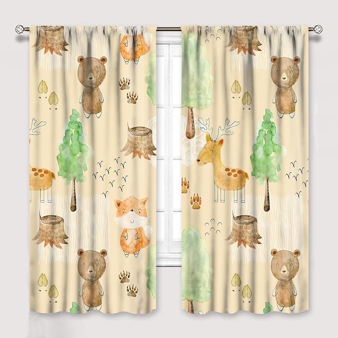 Rustic Animal Curtains, Wild Forest Animal Bear Fox Deer Kids Window Treatments for Living Room Bedroom, Farmhouse Woodland Blackout Drapes 2 Panel Sets, 84x84 Inch