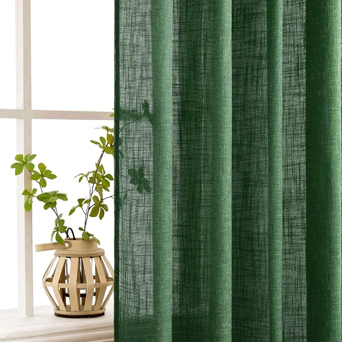 MIULEE Emerald Green Linen Curtains 96 Inch Long for Bedroom Living Room, Soft Thick Linen Textured Window Drapes Semi Sheer Light Filtering Rod Pocket Back Tab Christmas Burlap Look, 2 Panels