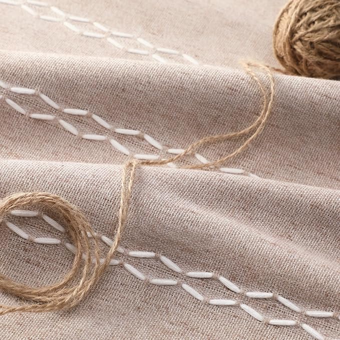 Light Brown Boho Blackout Curtains 2 Panels 84 Inch for Living Room Bedroom, Linen Texture Farmhouse Curtains with Tassels and White Cotton Embroidery Vintage Rustic Country Western
