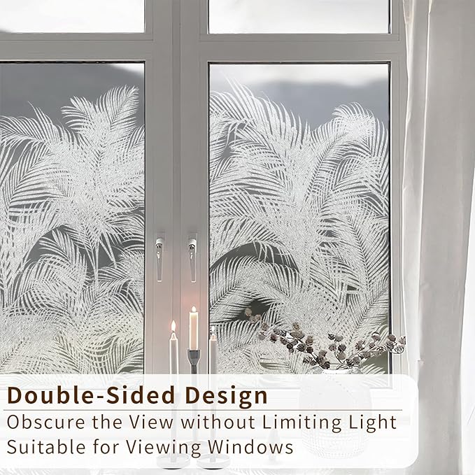 Modern Botanical Frosted Window Privacy Film, Etched Glass Window Film Decorative Abstract Plants, Thickened Floral Shadow Palm Leaf Window Cling Privacy Film 22.83"X47.24"