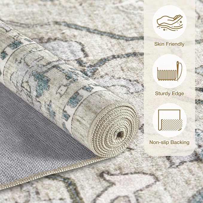 cotiled 4x6 Area Rug Machine Washable Vintage Carpet for Living Room Bedroom Soft Non-Slip Backing Floor Mat Kid & Pet Friendly Stain Resistant Green