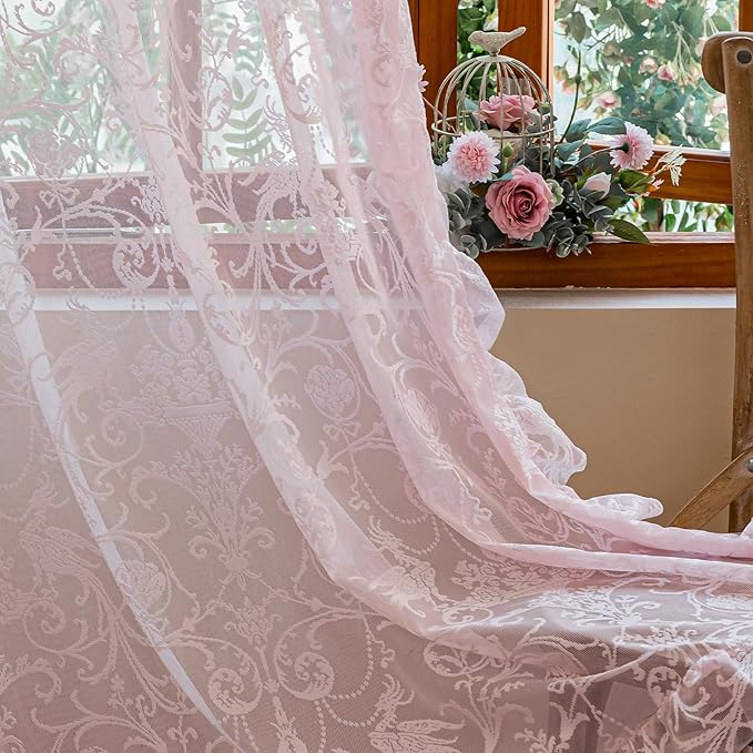 TUDECO Light Pink Lace Curtains 84 Inches Long - Coquette Romantic Floral Spring Sheer Pink Ruffle for Bedroom Set of 2, Shabby Chic Privacy Princess CuteCore Room Decor, 59 x 84 Inch