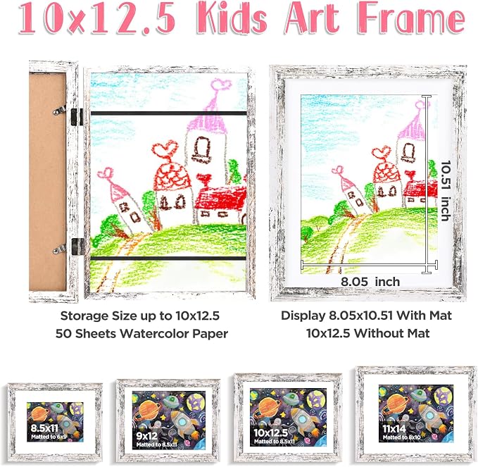 KINLINK 10x12.5 Kids Art Frame 2 Pack, Solid Wood Artwork Frames Changeable, Front Opening Hold 150 Pictures, Art Frames for Kids Artwork, 8.5x11 with Mat 10x12.5 without Mat, Picture Frames Rustic White