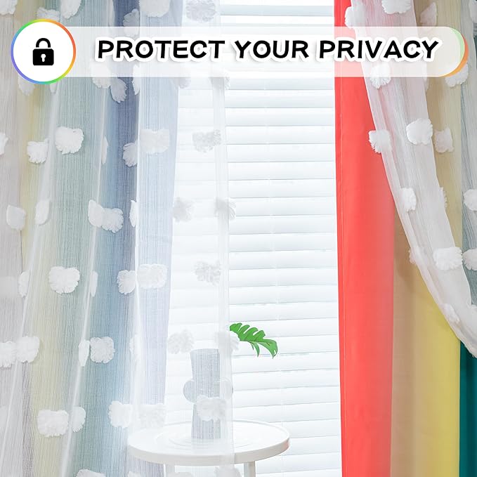 MYSKY HOME Pom Pom Sheer and Blackout Curtains Double Layer Rainbow Curtains 63 Inches Long Kids Curtains for Girls Bedroom Son Room Ombre Room Darkening Grommet Rainbow 52 x 63 in 2 Panels