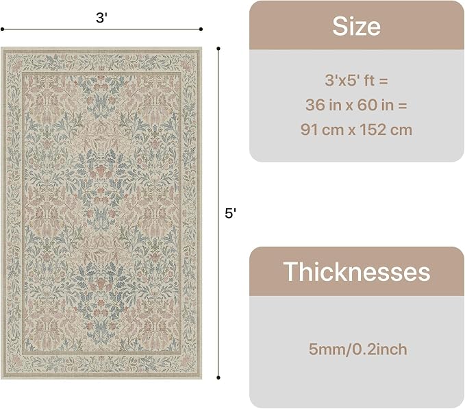 GENIMO 3x5 Washable Entryway Rug, Non Slip Bedroom Mat, Beige Pink | Vintage Boho Floral Low Pile Thin Carpet for Bedroom, Dining Room, Nursery, Indoor Decor