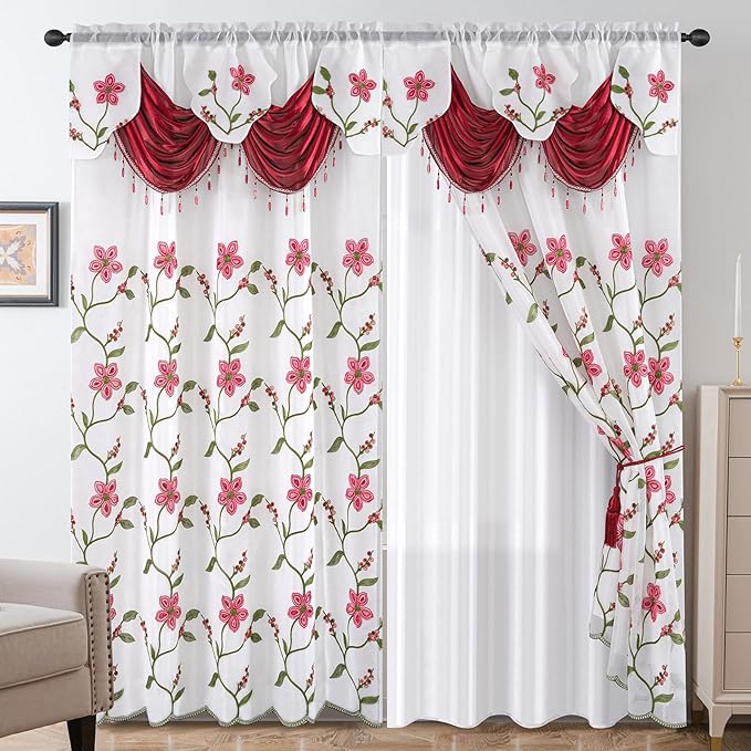 Petrichor Embroidered Sheer Curtain 2 Panels Set - Luxury Window Curtain Attached Valance with Satin Backing and 2 Tie Backs for Living Room,Dining Room, 54x95 inches, Burgundy