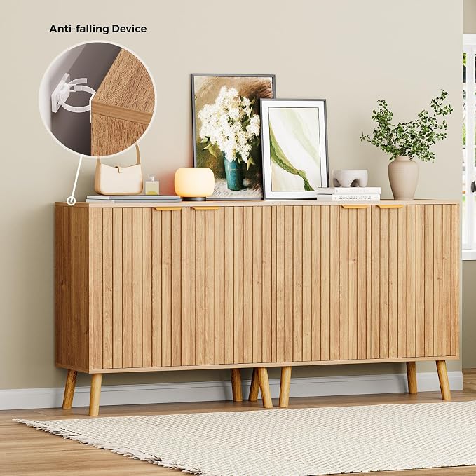 Set of 3 Fluted Storage Cabinet, Buffet Cabinet with Storage, Wood Sideboard with Adjustable Shelf, Modern Accent Cabinet & Console Table for Entryway, Living Room, Dining Room, Natural