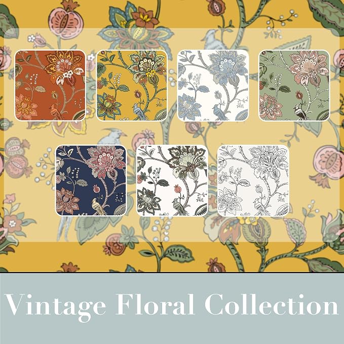 Mustard Yellow Retro Floral Curtains, Fun Colorful Spring Drapes for Living Room, Back Tab Rod Pocket Blackout Pretty Boho Botanical Blue Bird Patterned Window Panels for Bedroom Sunroom, 84 Inch Long