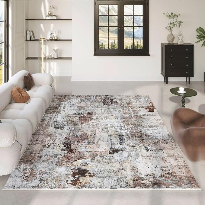 Rugcomf Modern Abstract 5'x7' Area Rugs - Machine Washable, Non-Slip Low Pile Boho Carpet for Living Room, Bedroom, Dining Room, Farmhouse, Kids Playroom, Office - Brown