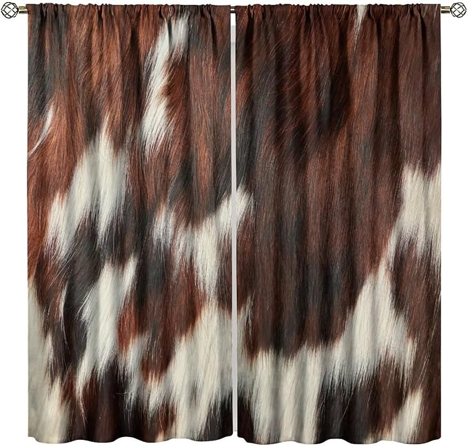 Cowhide Blackout Curtains, Western Rustic Cow Print Brown White Animal Fur Skin Rod Pocket Curtain Window Treatments 2 Panels Drapes for Nursery Living Room Bedroom Kitchen Decor 84"W X 84"L