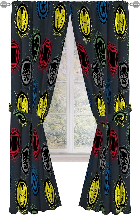 Jay Franco Window Curtains for Kids Bedroom 4-Piece Drape Set with 2 Tiebacks, Grey - Marvel Comics, 42" W x 84" L (Pack of 2)