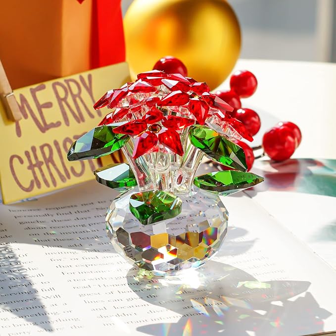 Red Crystal Poinsettia Flower Figurine Christmas Table Centerpiece Decor | Glass Craft with 6 Blooms Tabletop Centerpiece Home Office Party Decor Collectible Gift for Women Mom