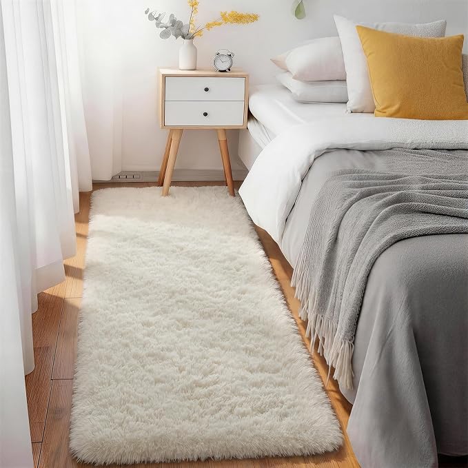 Ophanie Runner Rug for Hallway, 3x6 Washable Non-Slip Fluffy Soft Bedside Rugs, Bedroom Living Room Shaggy Carpet for Kids Girls Boys Dorm Nursery Decor Aesthetic, Ivory with Over 99 pcs Pile fibers