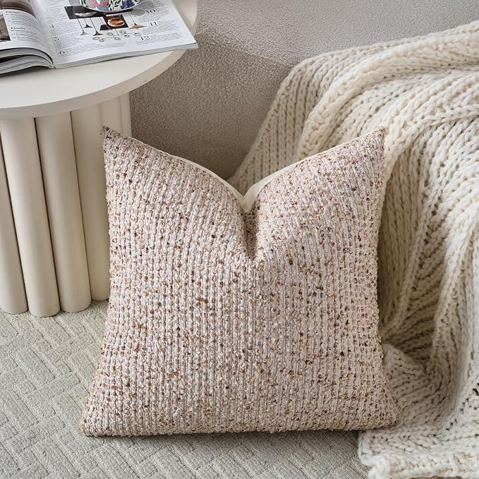 DEZENE Striped Throw Pillow Covers 20x20 Set of 2 Beige Textured Boucle Chic Morden Boho Accent Farmhouse Square Decorative Couch Pillow Covers for Home Decor Bed Sofa Living Room