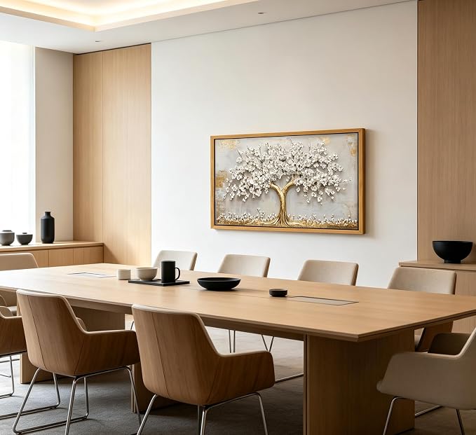 Framed 3D Texture Large Tree of Life Canvas Wall Art Gold and White Flower Big Tree Painting Picture Wall Decor Botanical Floral Poster Print Artwork for Living Room Dining Bedroom