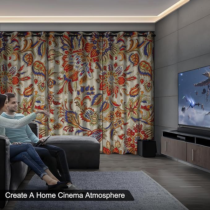 Boho Blackout Curtains for Bedroom and Living Room, Bohemian Floral Black Out Curtains 84 Inch Long, Light Filtering Soundproof Bedroom Curtains 2 Panel Sets, Room Darkening Curtains with Tiebacks