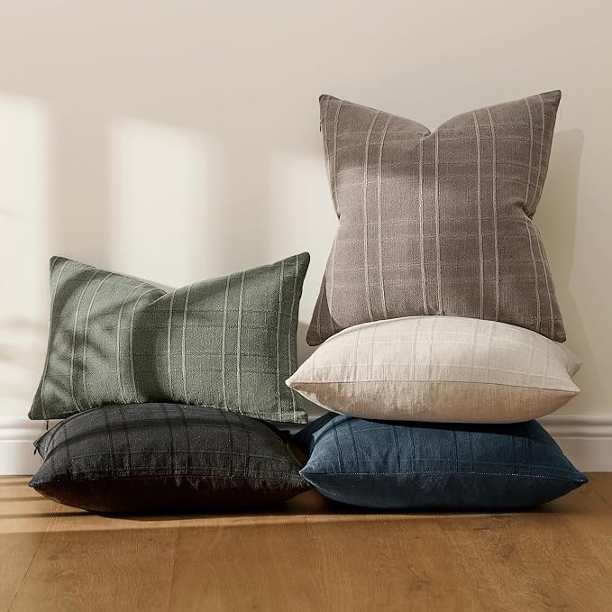 MIULEE Decorative Linen Check Throw Pillow Covers Neutral Farmhouse Vintage Pillow Covers 18x18 Set of 2 Boho Modern Winter Home Decor for Sofa Couch Bedroom Cushion Taupe