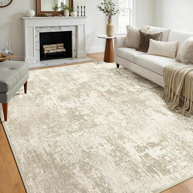 RELEANY Washable Area Rugs 9'x12' Non-Slip Modern Abstract Soft for Living Room Entryway Bedroom Kitchen, Print Pattern, Beige Cream Brown