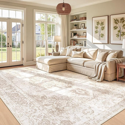 Area Rug 9x12 Vintage Rug: Large Washable Indoor Medallion Rugs Low Pile Distressed Floor Carpet Retro Accent Rug for Living Room Bedroom Kitchen Dining Table Home Office(Beige, 9'x12')
