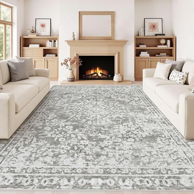 Vintage Living Room Area Rug - 8x10 Large Machine Washable Boho Area Rug Distressed Floral Rugs for Bedroom, Soft Non-Slip Indoor Floor Accent Rugs for Office Dining Room (Floral Grey, 8'x10')