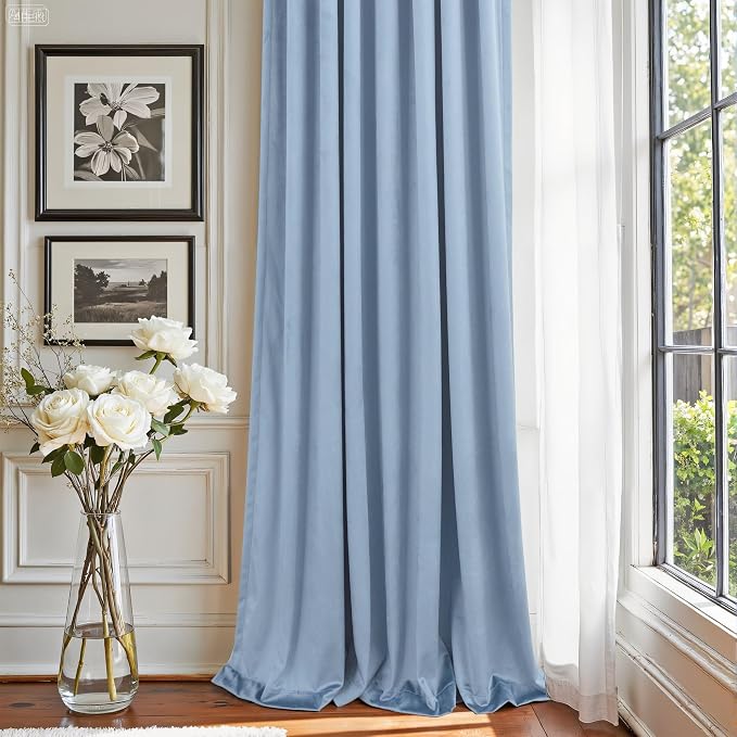 Dusty Blue Velvet Drapes for Baby Boy Bedroom 96 Inches Long 2 Panel Thermal Insulated Light Blocking Floor Length Slate Stone Blue Velvet Curtains for Modern Home Decor Back Tab Pocket Greyish Blue