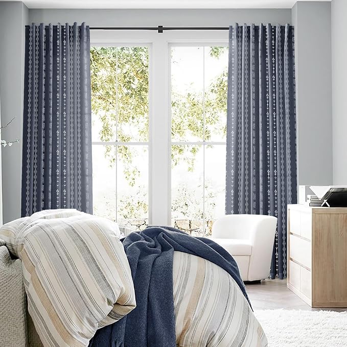Dark Blue Curtains for Boys Bedroom,Moroccan Boho Vintage Printed Coastal Curtains for Bathroom Window Living Room 63 Inch Length