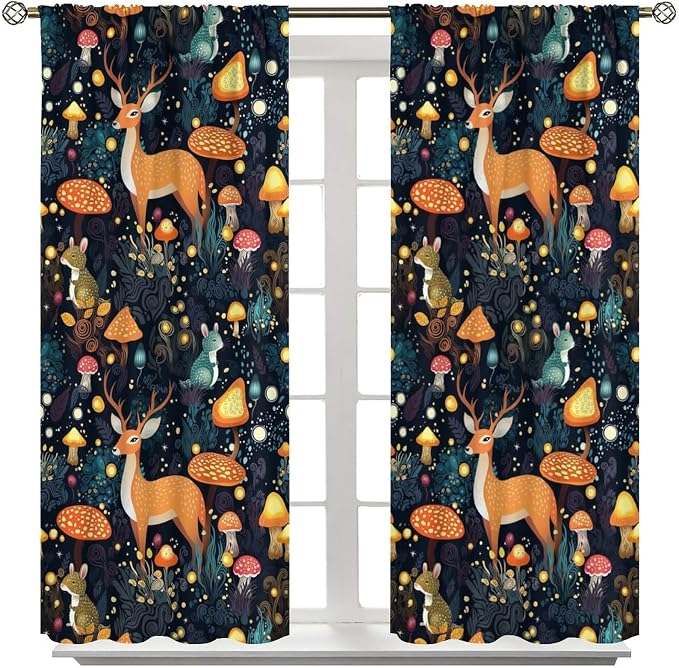 Fantasy Plant Curtains,Cute Woodland Deer Forest Animal Floral Mushroom Print Window Treatments for Bedroom Living Room Study Window Drapes 2 Panels Set,Total Size 63 x 63 Inch