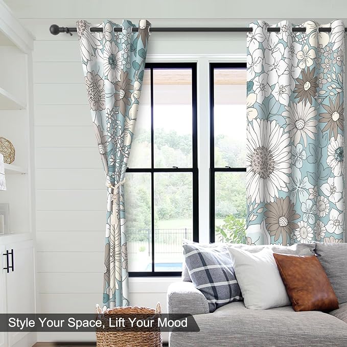 Boho Blackout Curtains for Bedroom and Living Room, Black Out Curtains 84 Inch Long 2 Panels Set with Rope Tassels Curtain Tiebacks, Floral Patterned Grommet Thermal Insulated Room Darkening Drapes